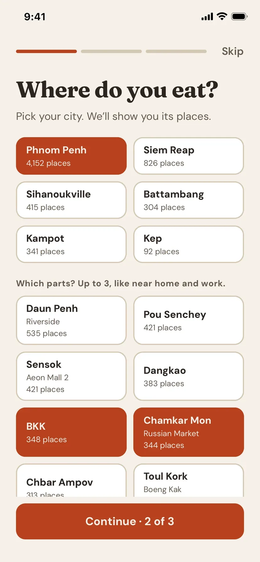 Pick up to three areas of Phnom Penh. BKK and Chamkar Mon are selected.