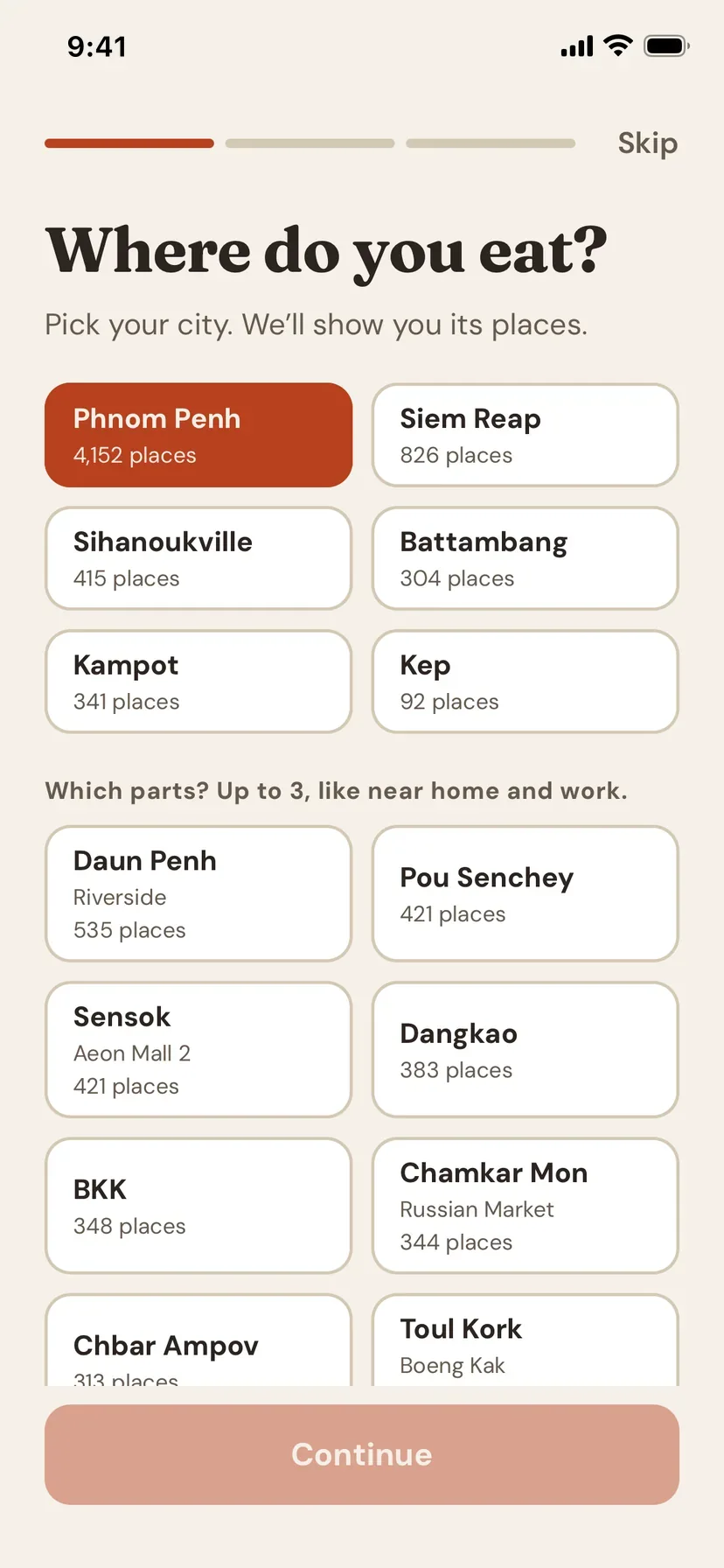 Where do you eat? Pick your city: Phnom Penh is selected, with Siem Reap, Sihanoukville, Battambang, Kampot and Kep.