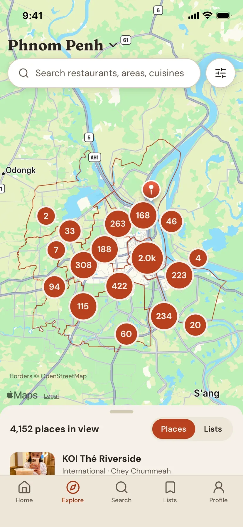 Explore: a map of Phnom Penh with clusters of places, and the places in view listed below