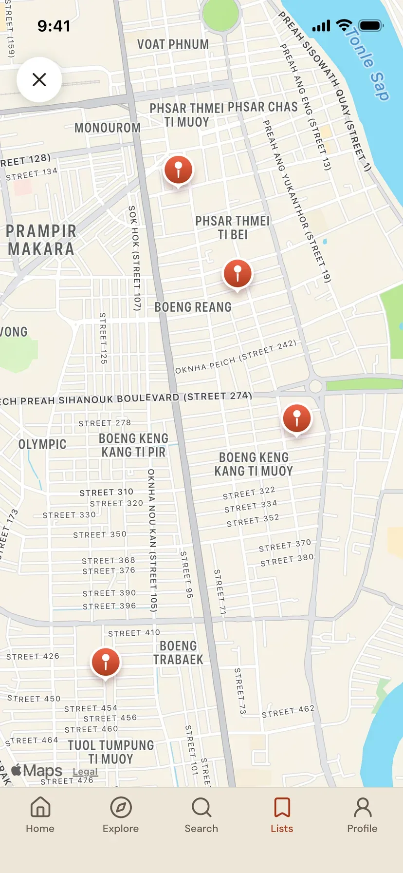 The list Noodles I'd cross town for, shown on a map of Phnom Penh