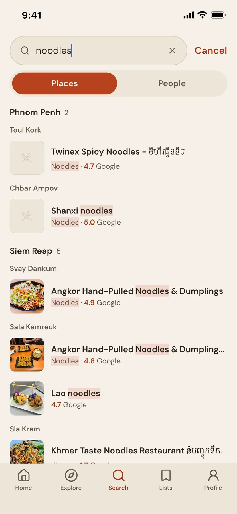 Search results for noodles, grouped by city and area