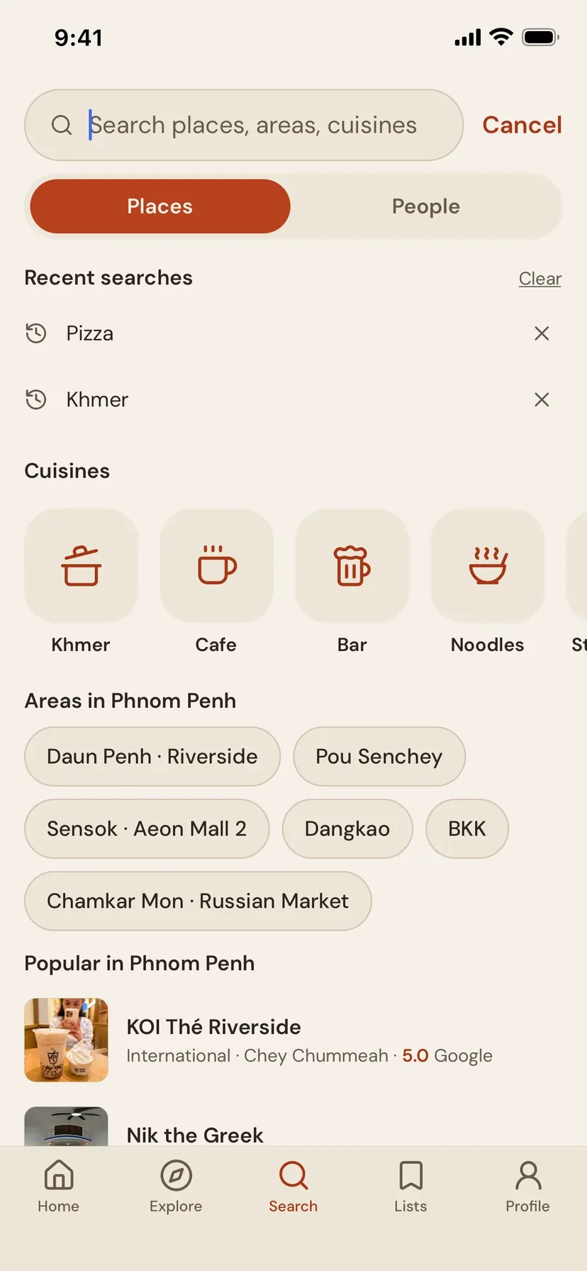 Search, with cuisines, areas of Phnom Penh and popular places