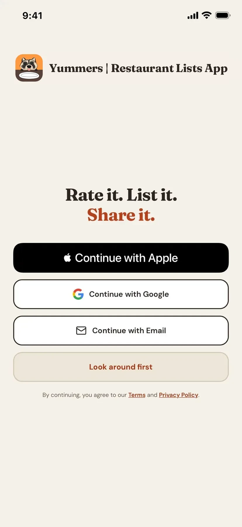 Yummers sign-in screen: Rate it. List it. Share it., with Continue with Apple, Continue with Google, Continue with Email and Look around first
