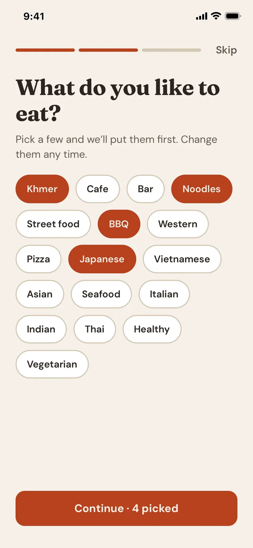 What do you like to eat? Khmer, Noodles, BBQ and Japanese are selected.